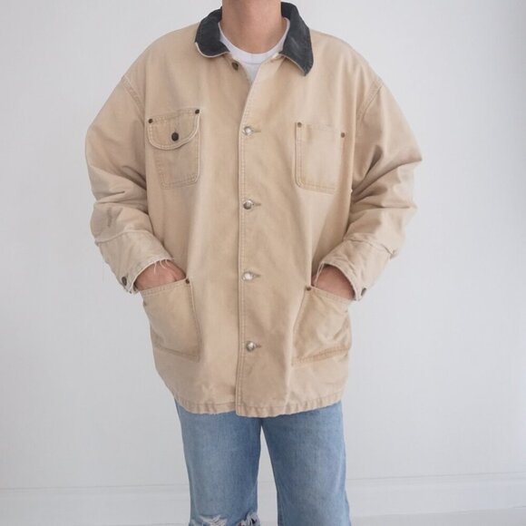 Other - VTG '90S MWG Apparel Tan Striped Lined Corduroy Collar Button Up Barn Jacket XL